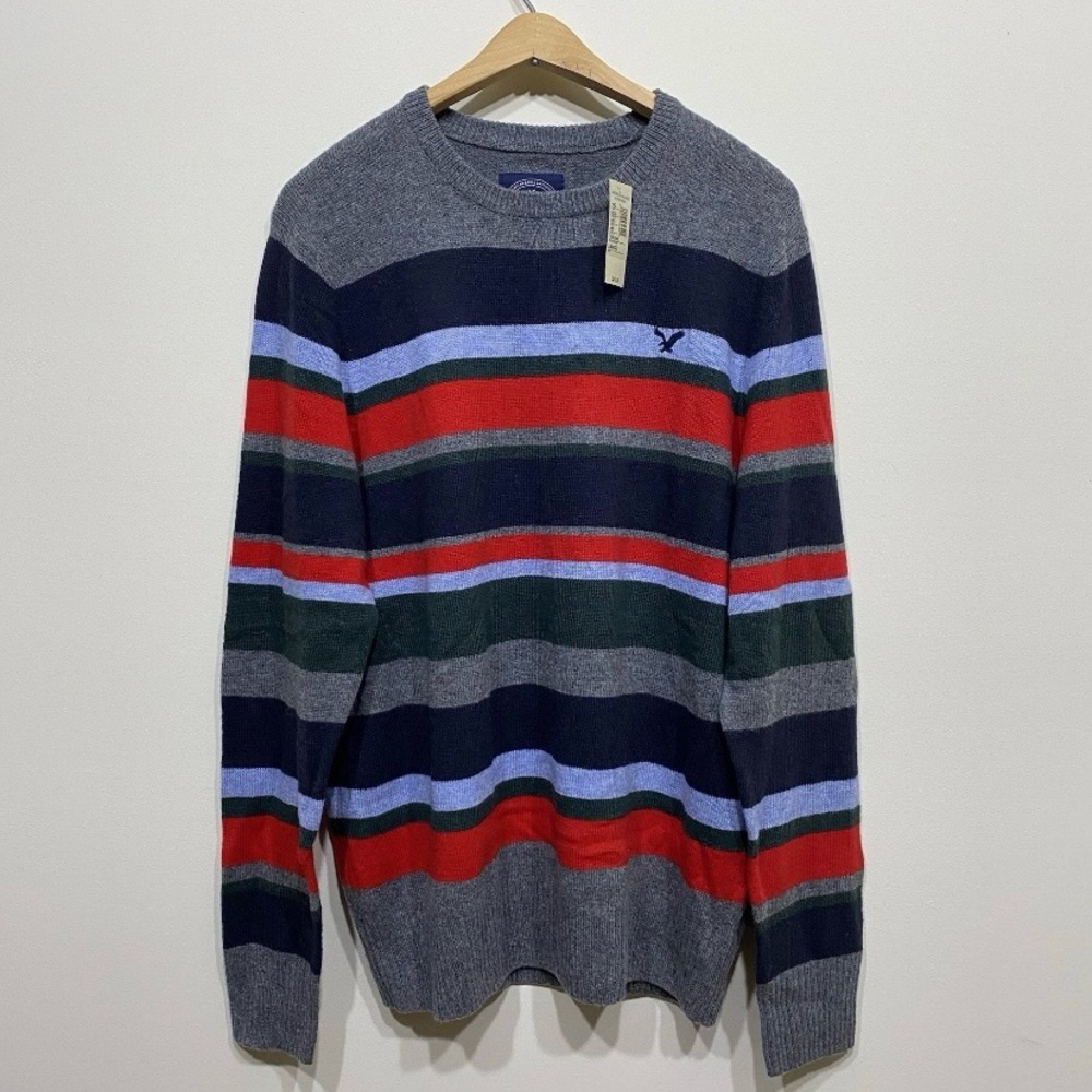 American Eagle Sweater Mens Large Gray Wool Blend Striped Preppy Retro Casual
